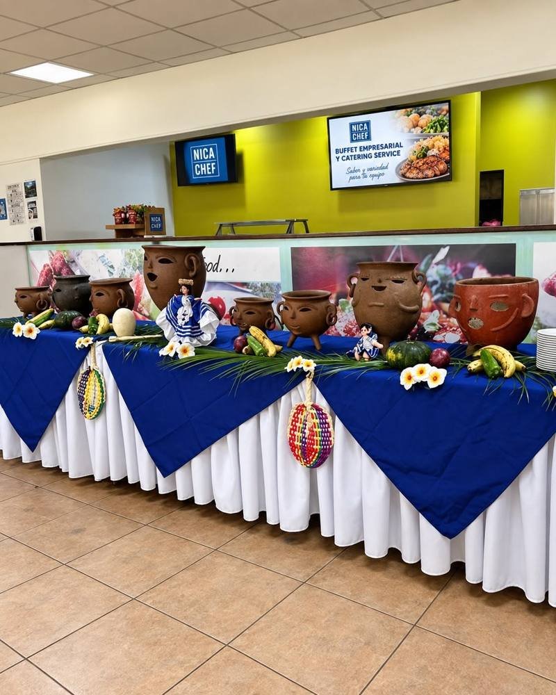 Línea de buffet empresarial de NicaChef decorada con ollas de barro y mantel azul