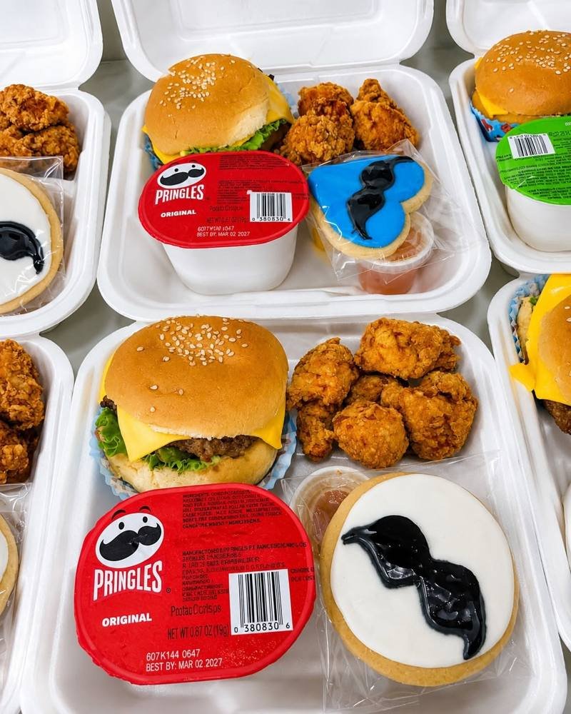 Cajas individuales con hamburguesa, nuggets de pollo, papas y galleta decorada